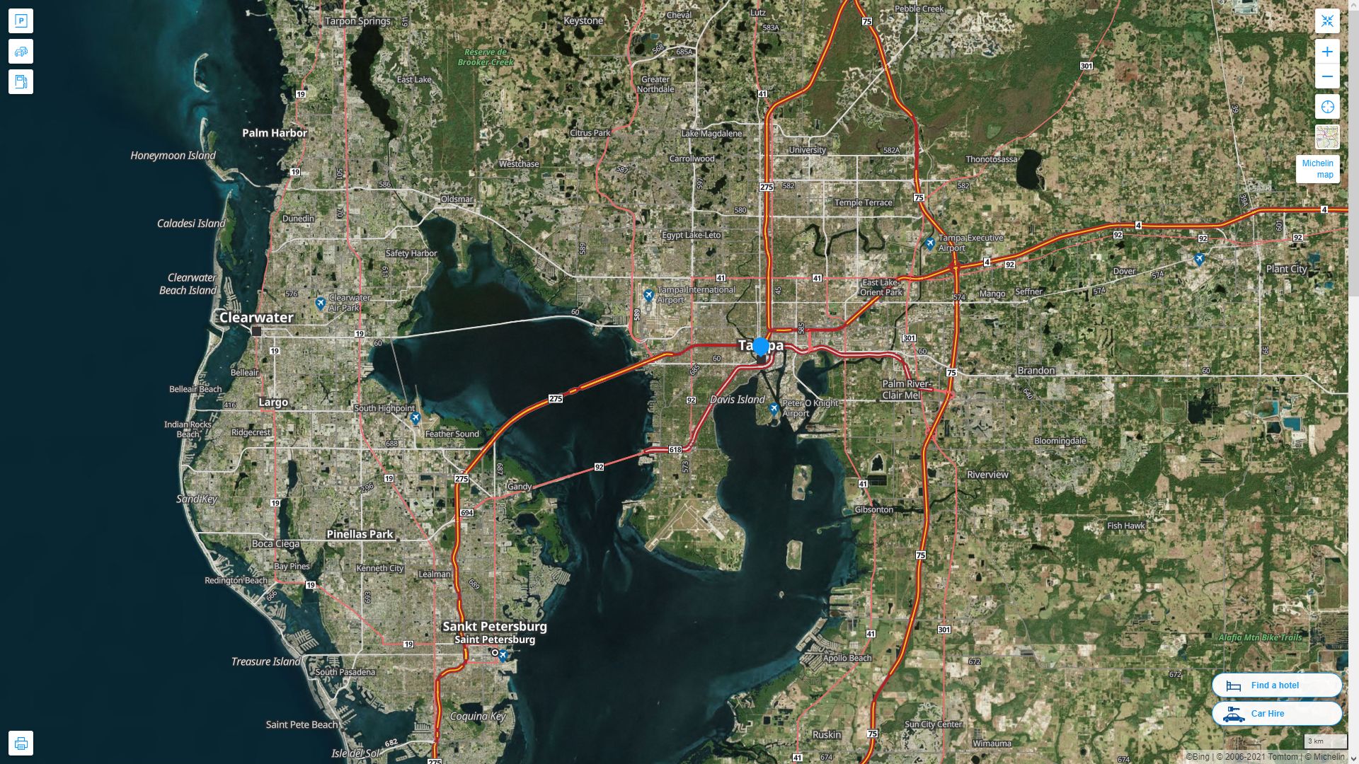 Tampa Florida Highway and Road Map with Satellite View